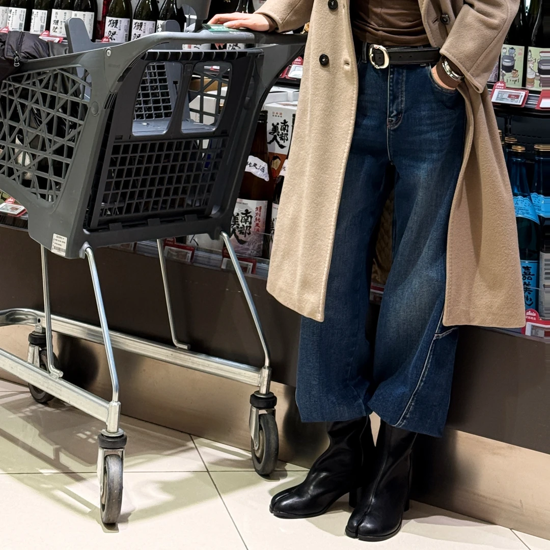 美式复古弯刀牛仔裤女秋冬高腰显瘦宽松直筒加绒加厚设计感阔腿裤