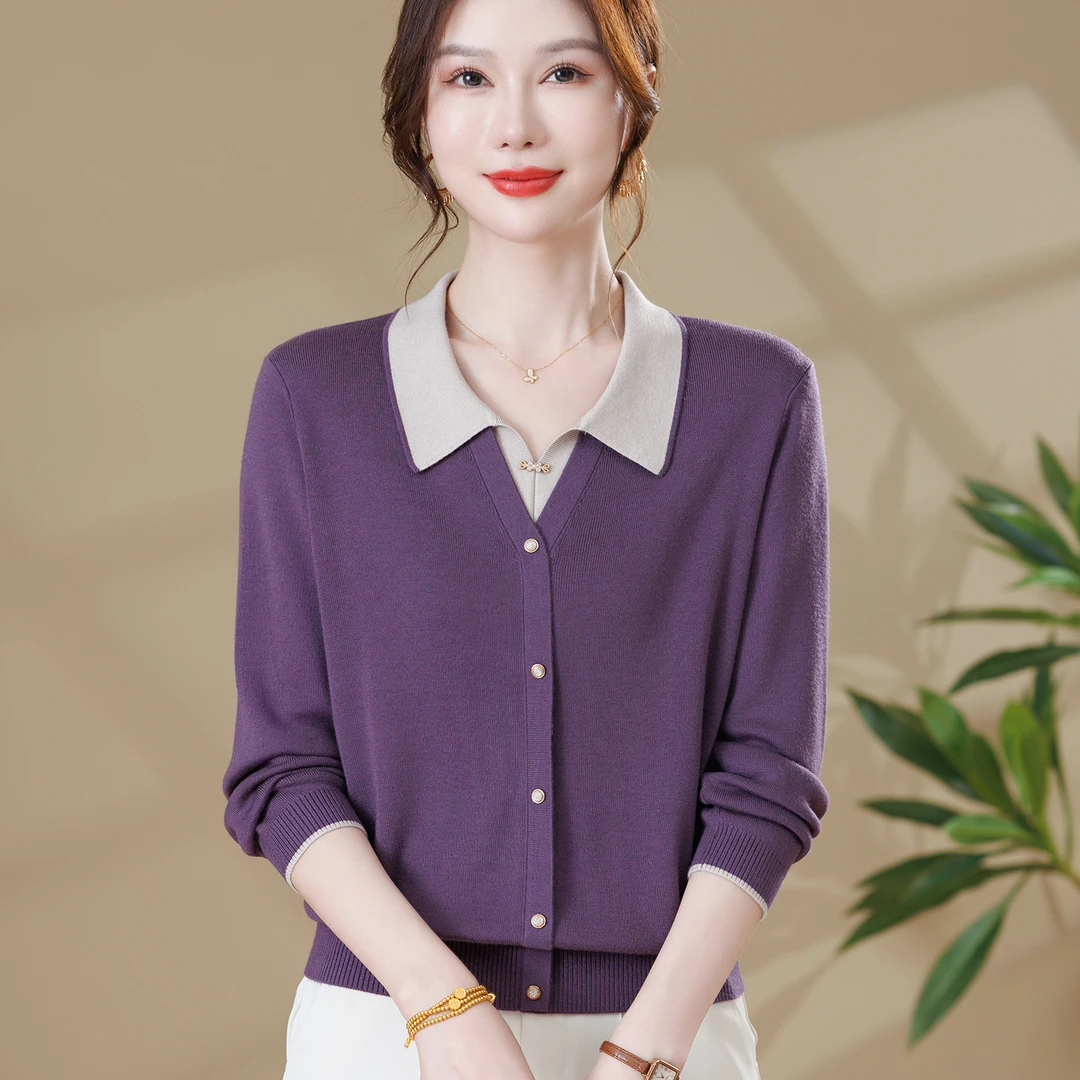 妈妈洋气针织长袖上衣中年女春秋装假两件毛衣中老年遮肚打底小衫