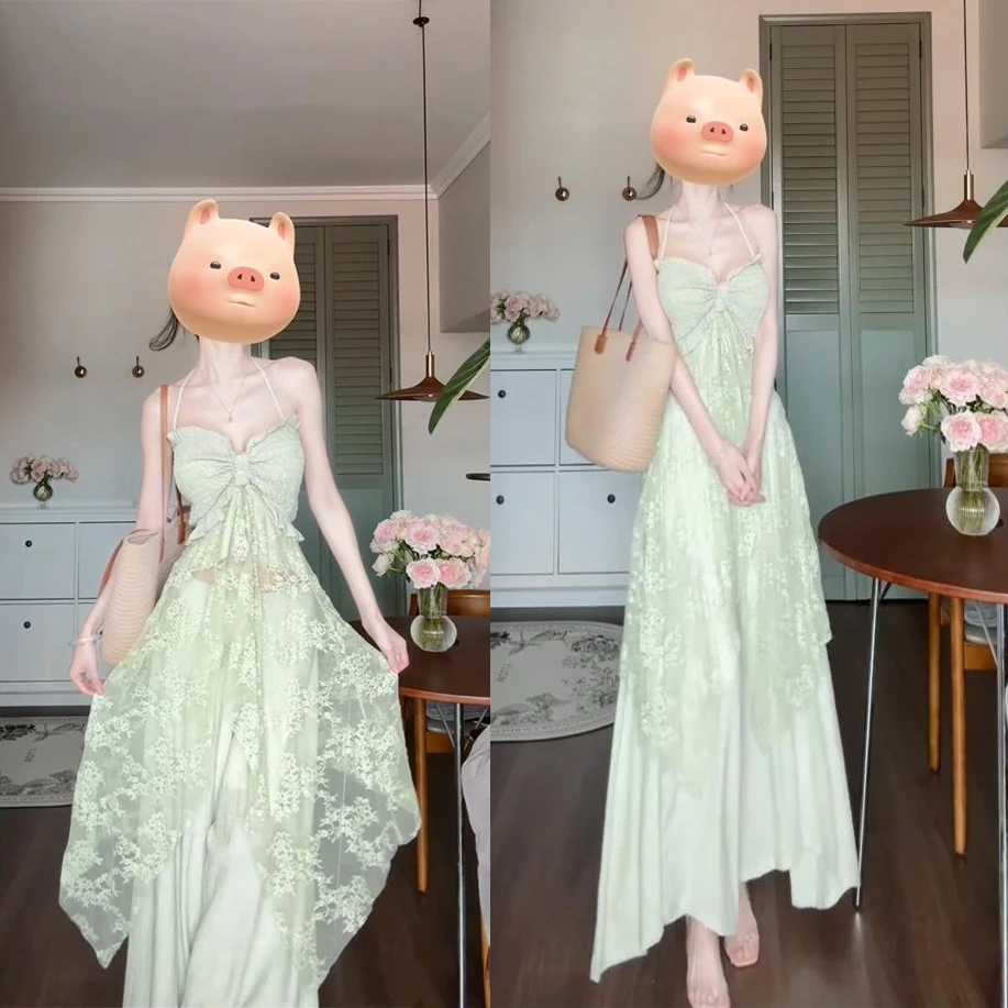 海边度假洋气仙女套装2025夏季新款小众蕾丝拼接裹胸阔腿裤两件套