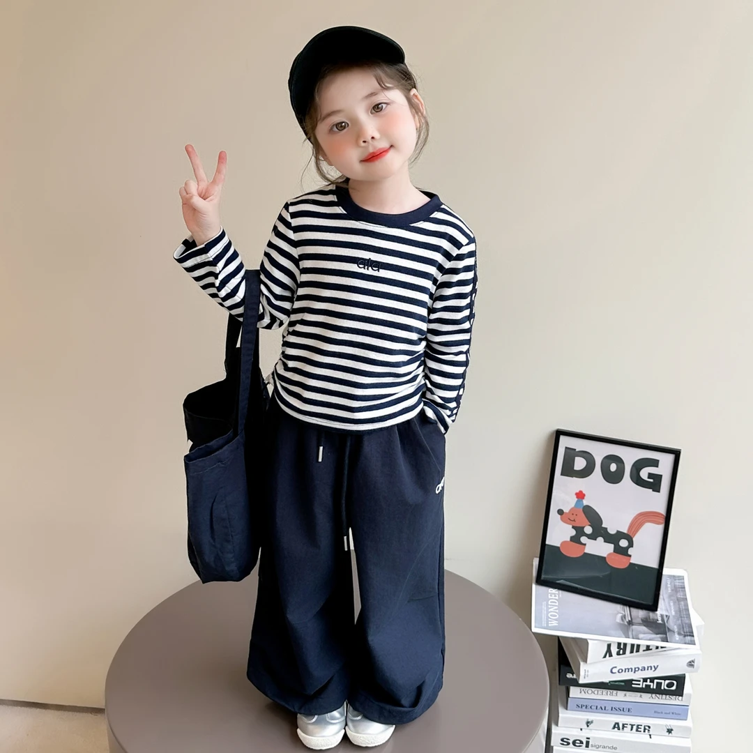 女童套装春秋2025新款洋气时髦女宝宝条纹T恤儿童裤子两件套衣服3