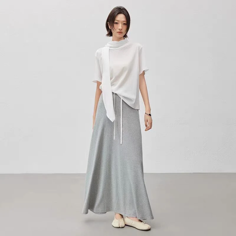 夏季出行2025撞色织带中长轻伞裙通勤时尚高腰显瘦绑带半身裙女