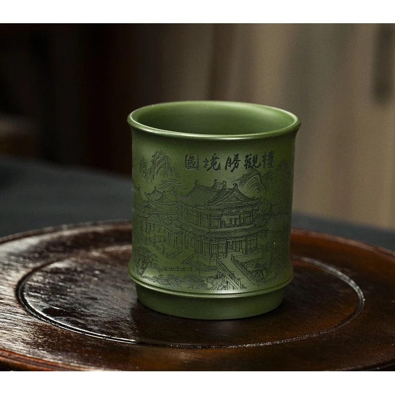 6033宜兴紫砂原矿墨绿泥手工雕刻观楼胜境图主人杯HT