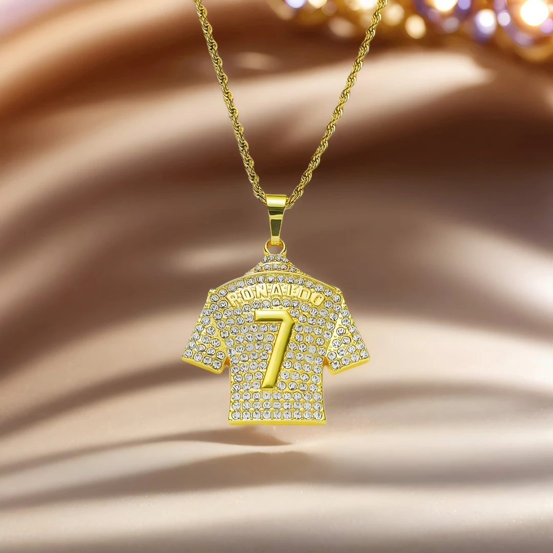 钛钢合成锆石吊坠 金色7号球衣吊坠项链合成立方氧化锆钛钢链条