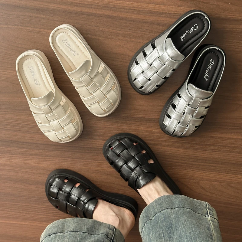 网红时尚厚底纯色软底夏季百搭平跟防滑包头拖包头千金风镂空时尚