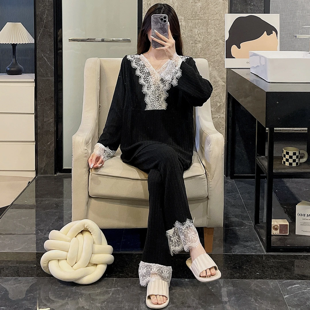 羊毛绒睡衣女秋冬季新款保暖黑色高级感蕾丝长袖长裤小个子家居服
