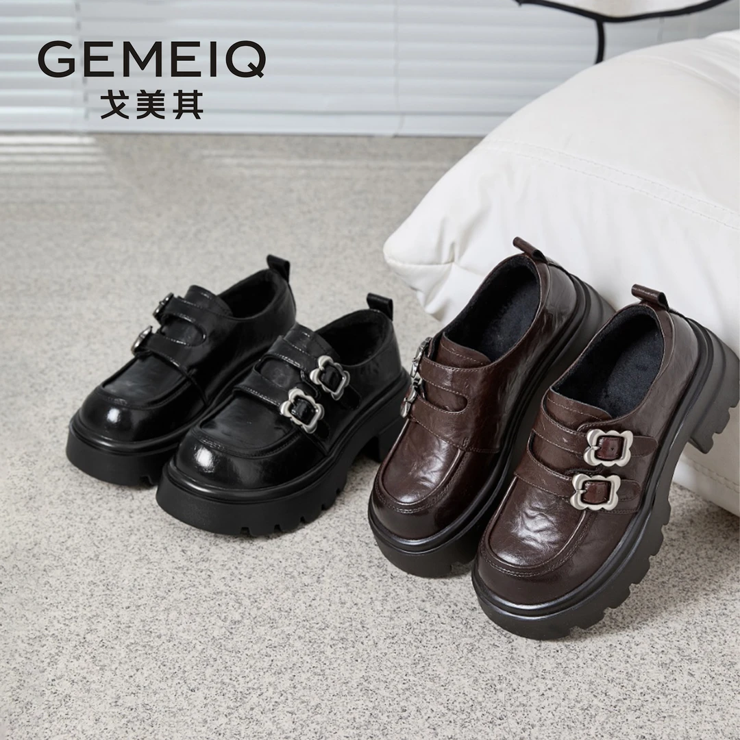 戈美其新款秋冬厚底休闲乐福鞋加绒金属扣真皮百搭时尚391688085