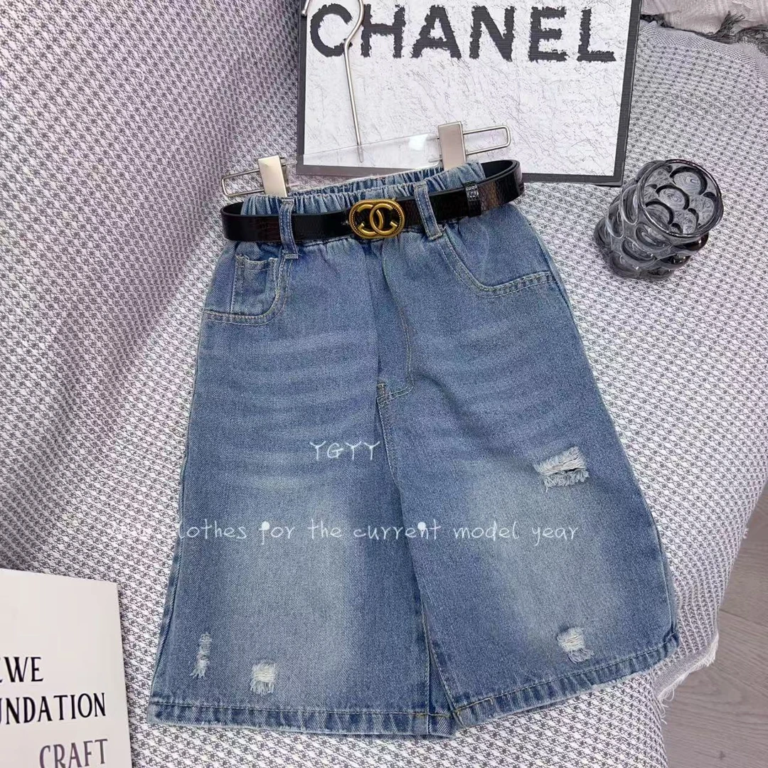 1107-破洞时尚潮童百搭个性牛仔蓝色短裤女童儿童夏款休闲洋气