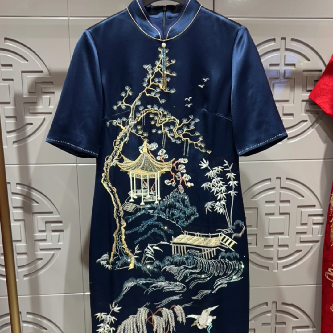 朱紫褕17705蓝色重工刺绣旗袍喜婆婆喜妈妈婚宴礼服复古民族风