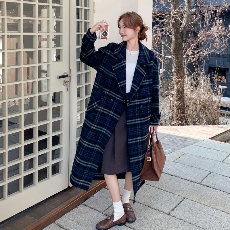 2025秋冬新款显瘦领蓝格子手工双面呢大衣长款垂感气质毛呢时尚女