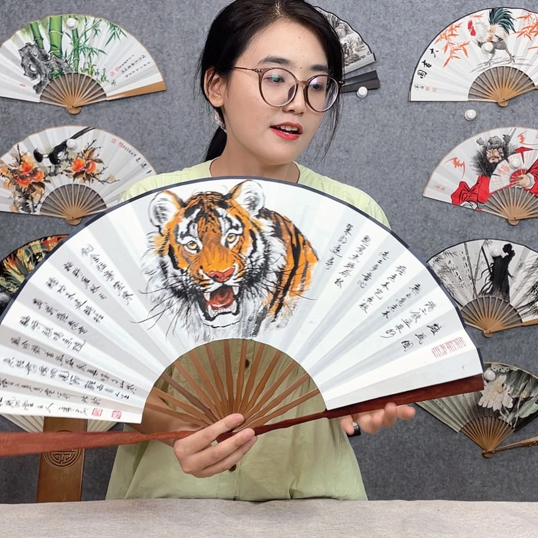 国画10寸红木-纯手绘-文玩扇骨（默认粘好）