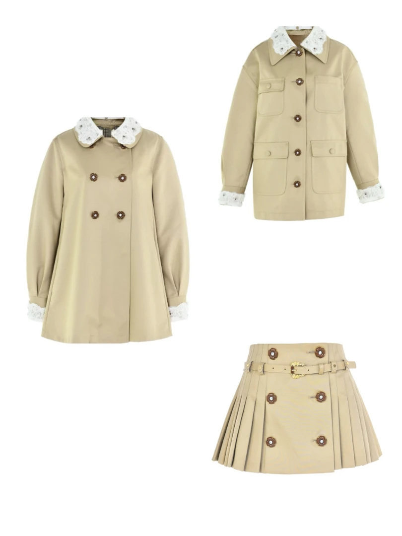 YOYO高定（卡其风絮）蕾丝刺绣娃娃领双排扣卡其色风衣外套25早秋