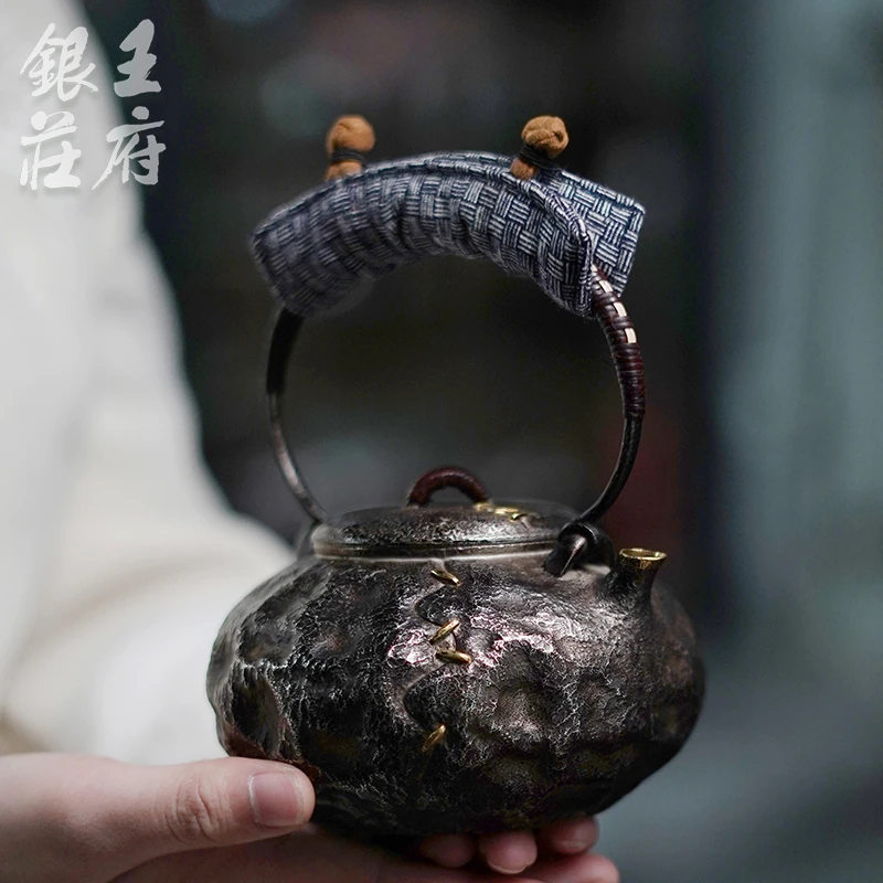 足银999纯手工一张打煮茶壶复古诧寂风茶壶中式茶具家用茶器 圆缺