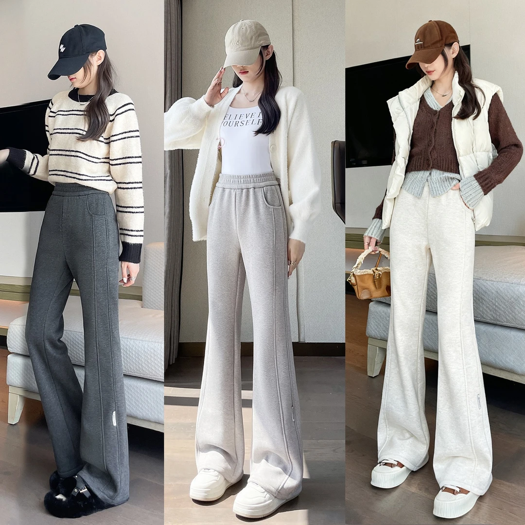 人字纹微喇裤女秋冬加绒加厚裤子女2025新款高腰垂感毛呢喇叭裤子