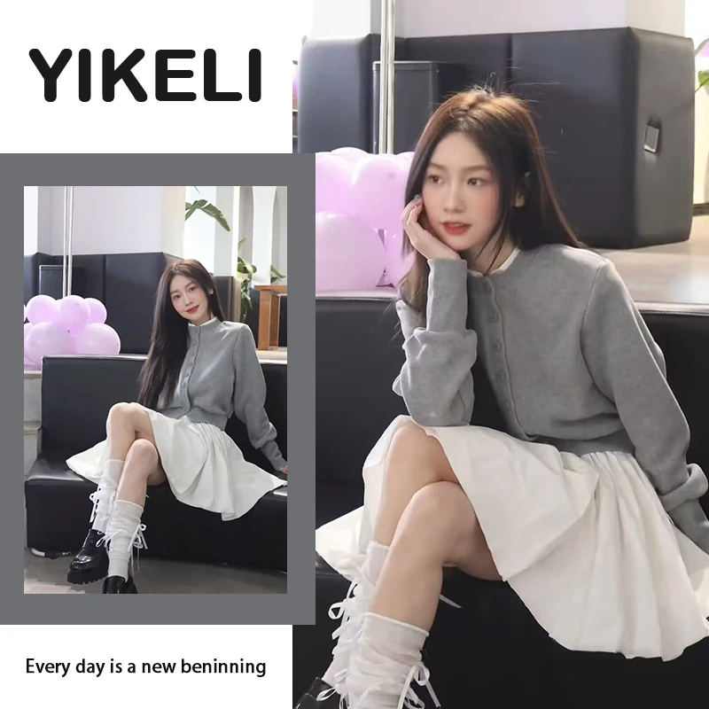 春季一整套女装2025新款韩版休闲短款灰色针织开衫百搭短裙两件套