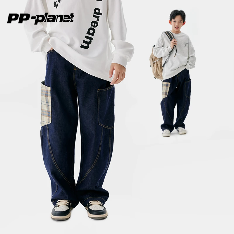 PP星球儿童时髦格子贴布牛仔裤2025春秋新款宽松长裤男中大童裤子
