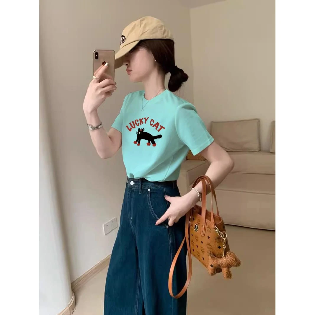 湖蓝色正肩短袖女2025年夏季新款t恤衫甜辣妹显瘦遮肉洋气小上衣