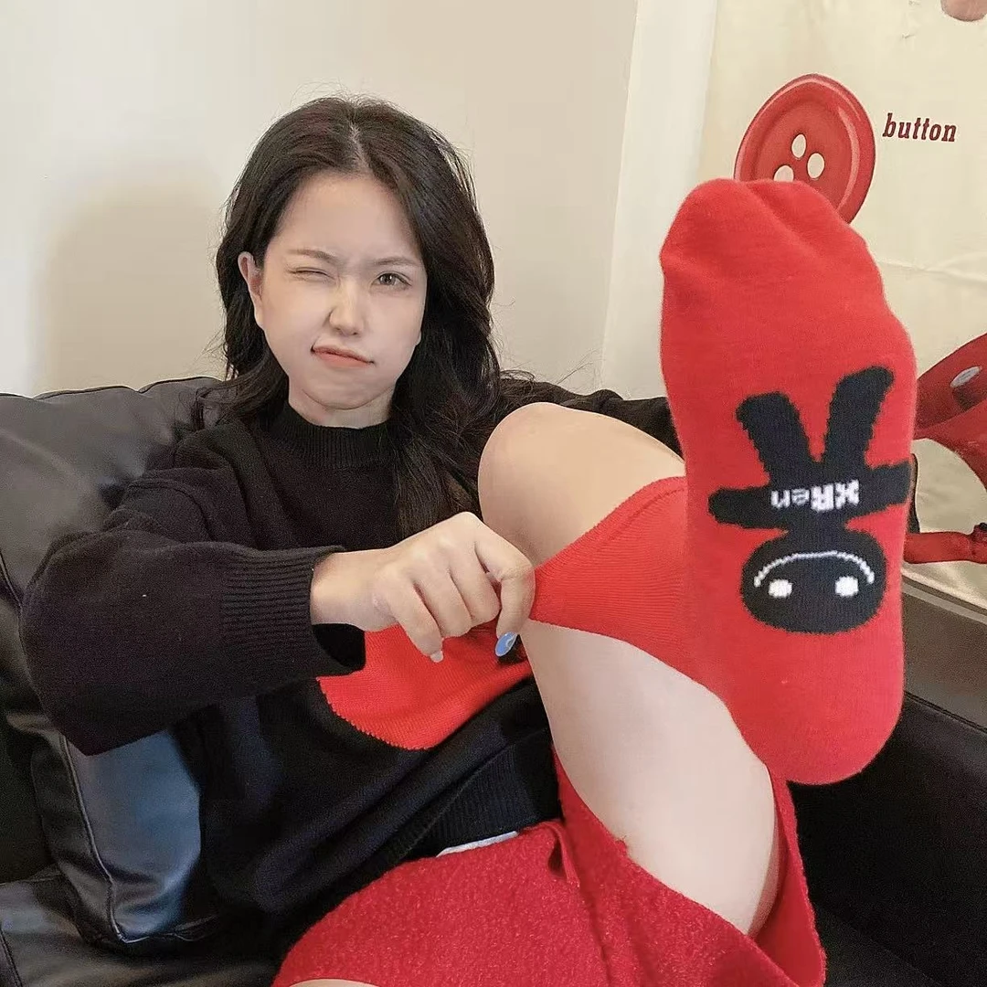 【5双装】踩小ren"纳福招财"新年好运大红袜-496