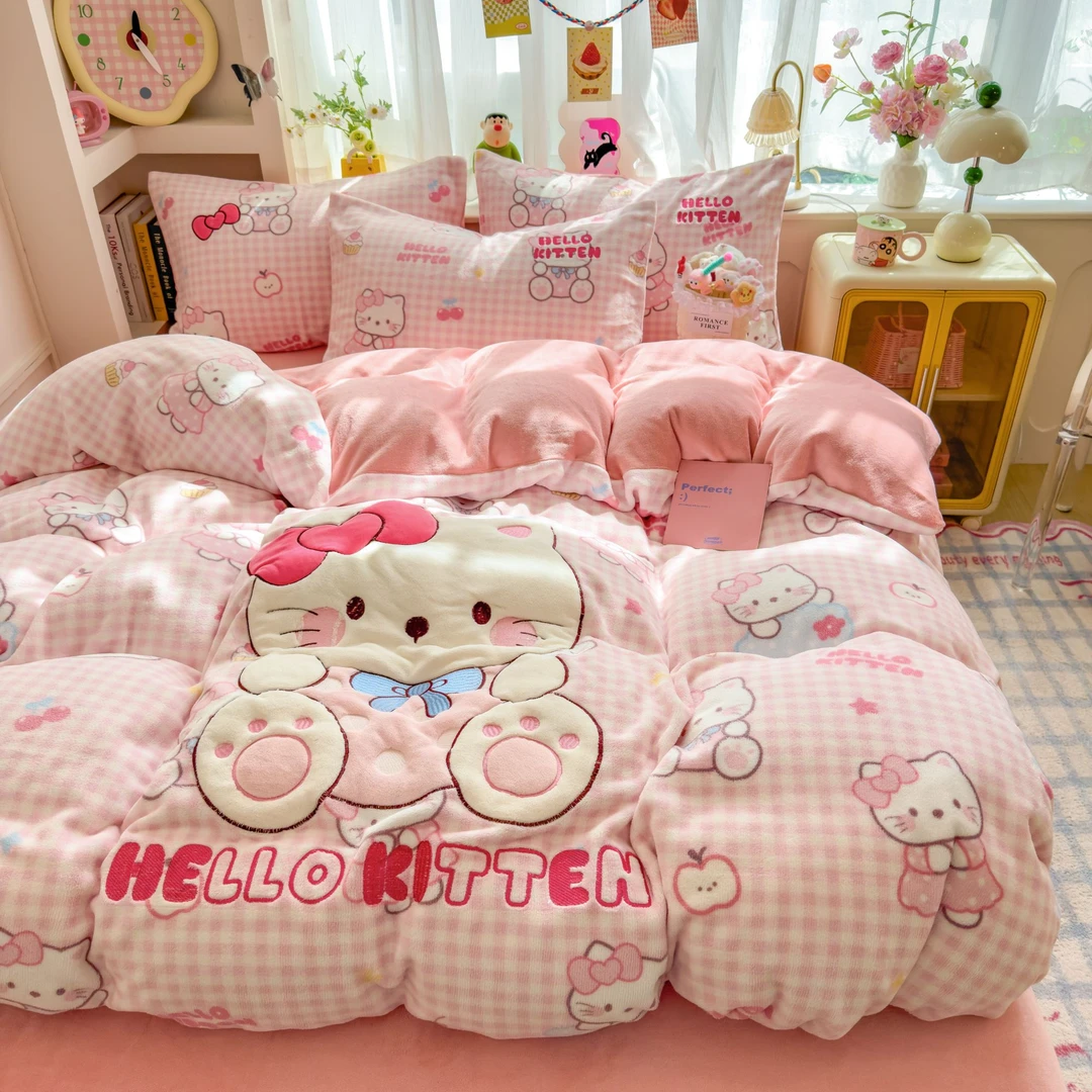 2025新款牛奶绒卡通贴布绣四件套加厚双面绒宿舍单人三件套秋冬款