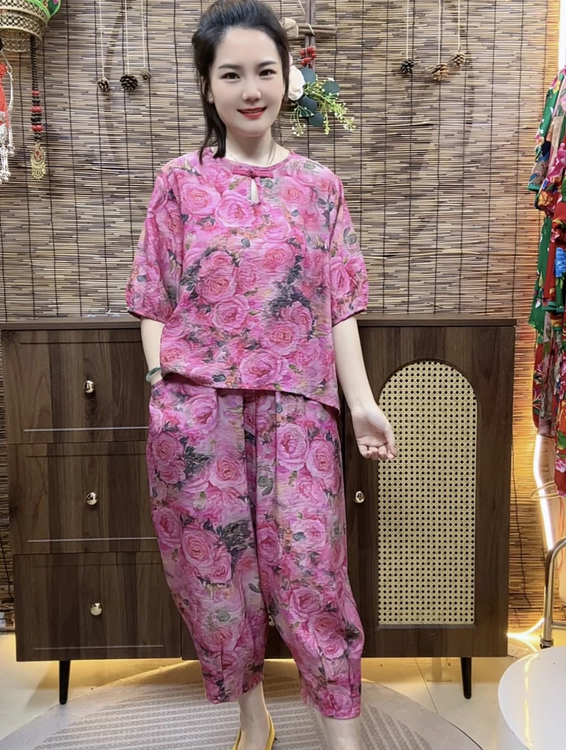 新中式复古盘扣七分袖套装年轻女装洋气民族风圆领衬衫休闲两件套