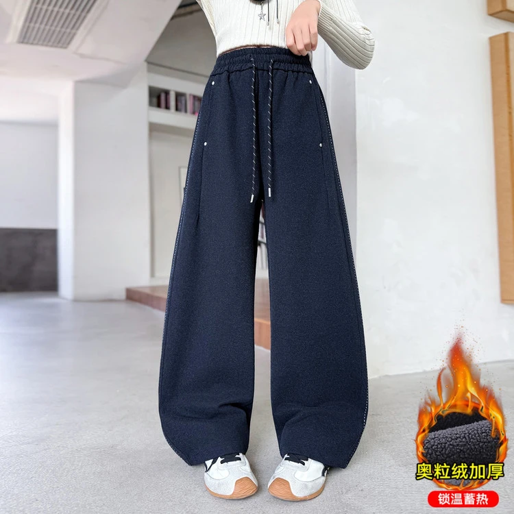 中大童9-15岁女潮裤女童一体绒裤子儿童弯刀裤秋冬阔腿裤加绒加厚