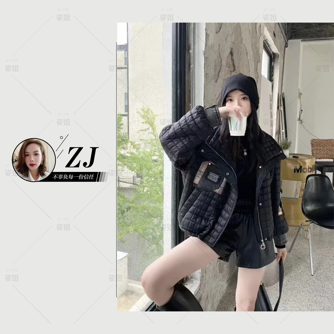 （黑色）8618 时尚设计感宽松立领格子牛仔拼接棉服外套