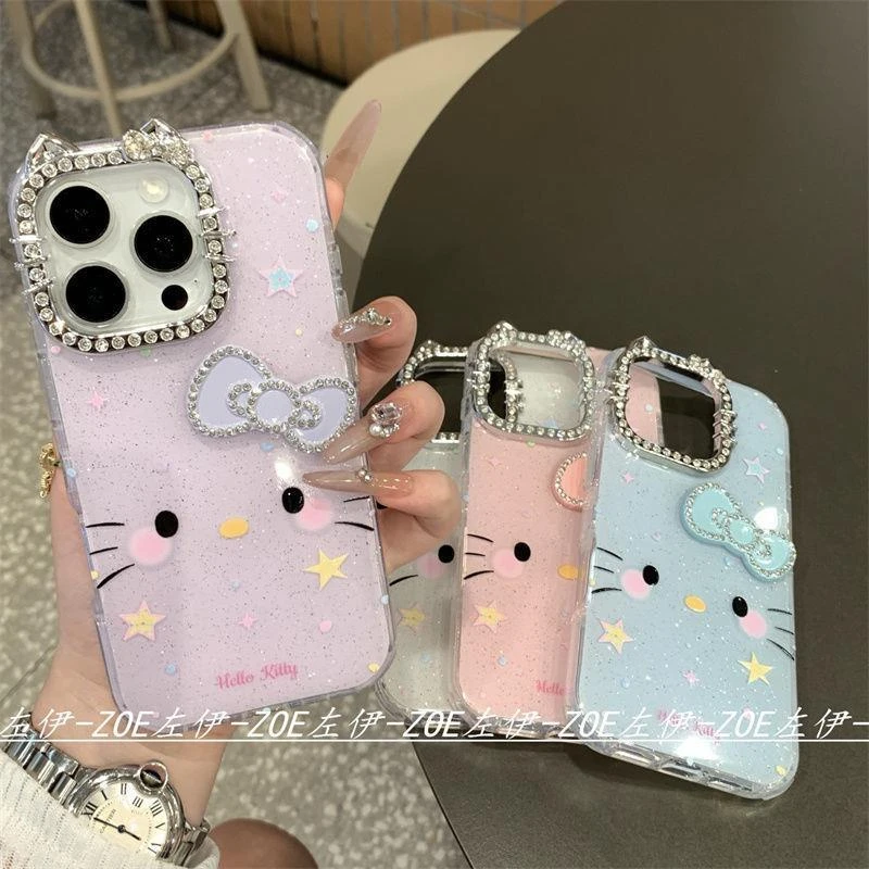 可爱星星KT表情闪钻猫咪镜头框苹果16promax/ iPhone1514手机壳13