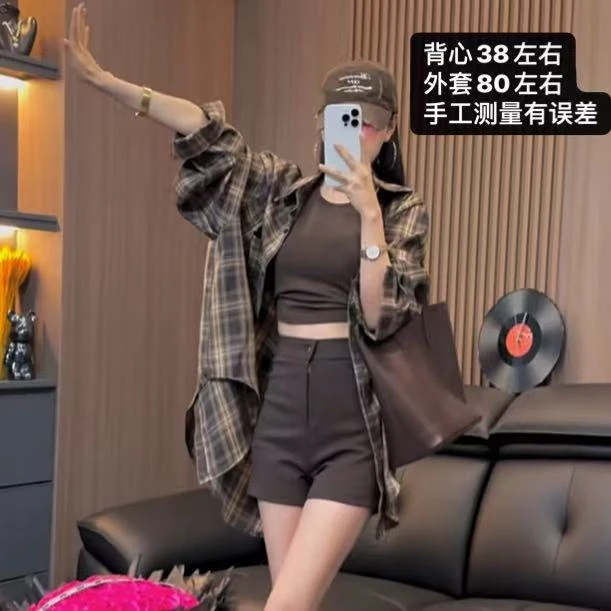 t551   背心+复古格子衬衫女秋季2025新款宽松长袖衬衣外套