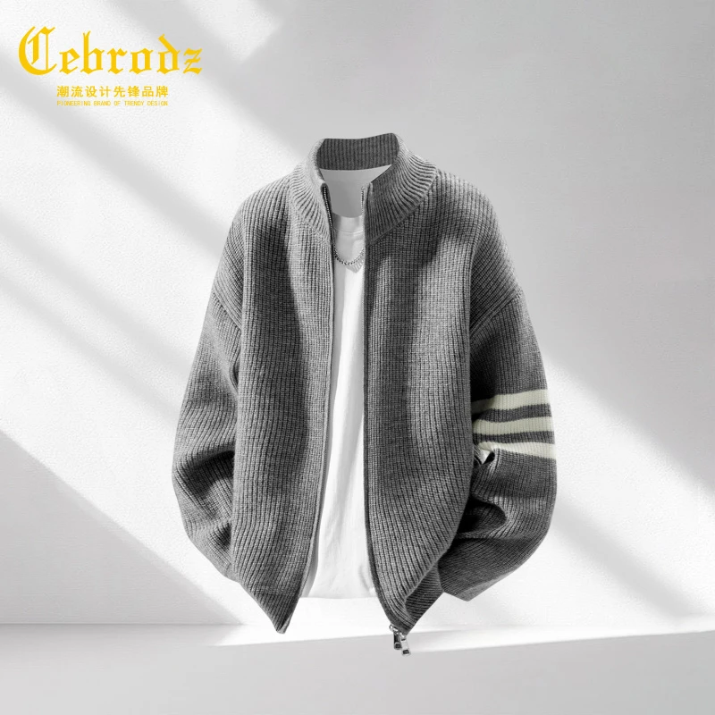 法国Cebrodz立领拉链毛衣男款宽松休闲商务秋季条纹针织衫开衫