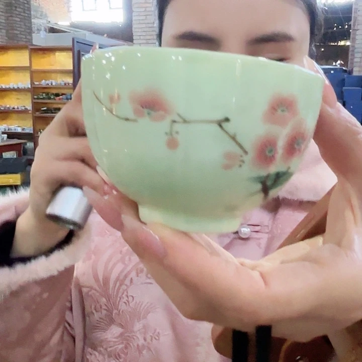 摆件陶景德镇高温陶瓷翠竹红梅杯子绿希