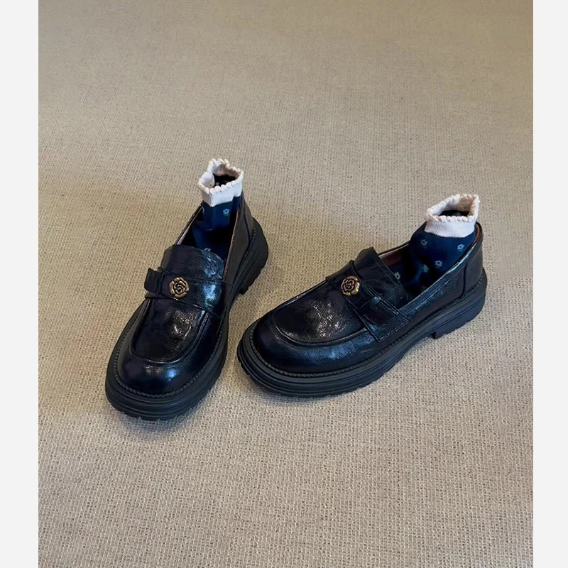 羊皮版~复古山茶花粗跟乐福鞋女秋季圆头一脚蹬英伦风厚底小皮鞋