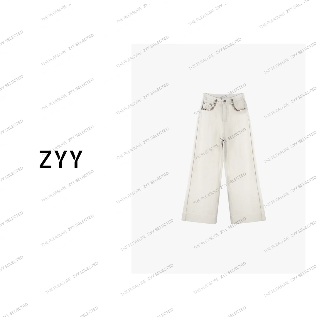 ZYY【进阶白牛】2025S/S新品口袋编织串珠牛仔阔腿休闲裤女X25CK218