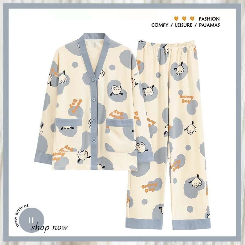 红豆【断码】100%纯棉睡衣女春秋季长袖无领开衫宽松韩版女士可外穿