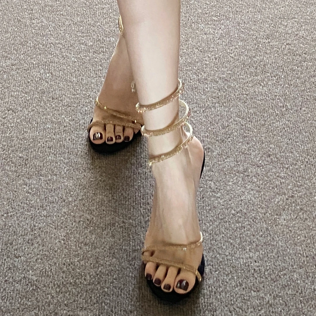 御姐风黑金高跟凉鞋女夏外穿高级感露趾性感蛇形缠绕水钻细跟凉鞋