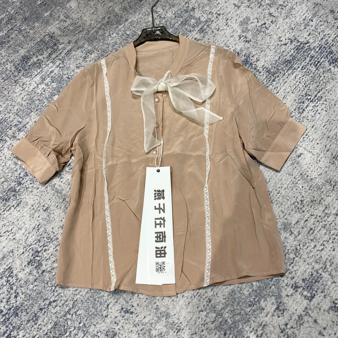 【燕子在南油】衣长61真丝蕾丝减龄镂空飘带短袖衬衫上衣3848