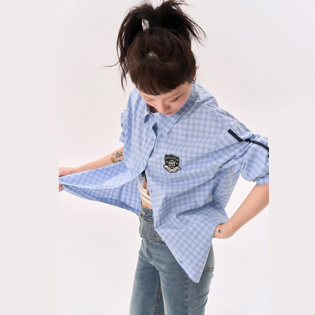 CHUU秋季女装格纹撞色设计学院风宽松长袖气质韩系穿搭衬衫