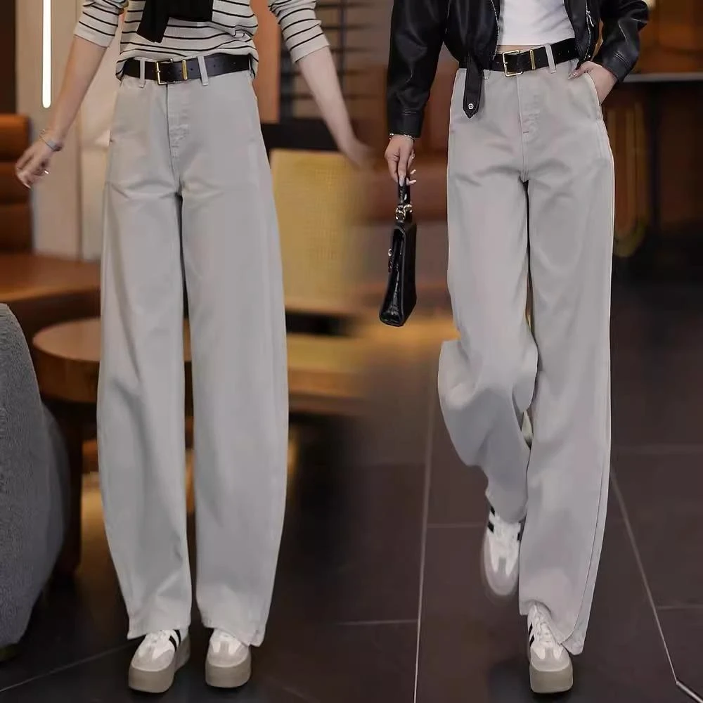 莫兰迪灰高级感阔腿牛仔裤女2025新款春秋高腰垂感休闲百搭弯刀裤