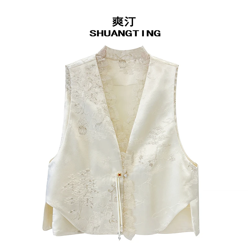 Jokara/丘可儿【山涧月】高级感中式提花马甲国风织锦蕾丝拼接马夹