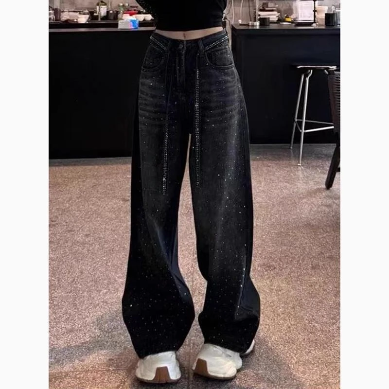 美式黑色烫钻阔腿牛仔裤女2025冬季新款满天星小众设计显瘦拖地裤