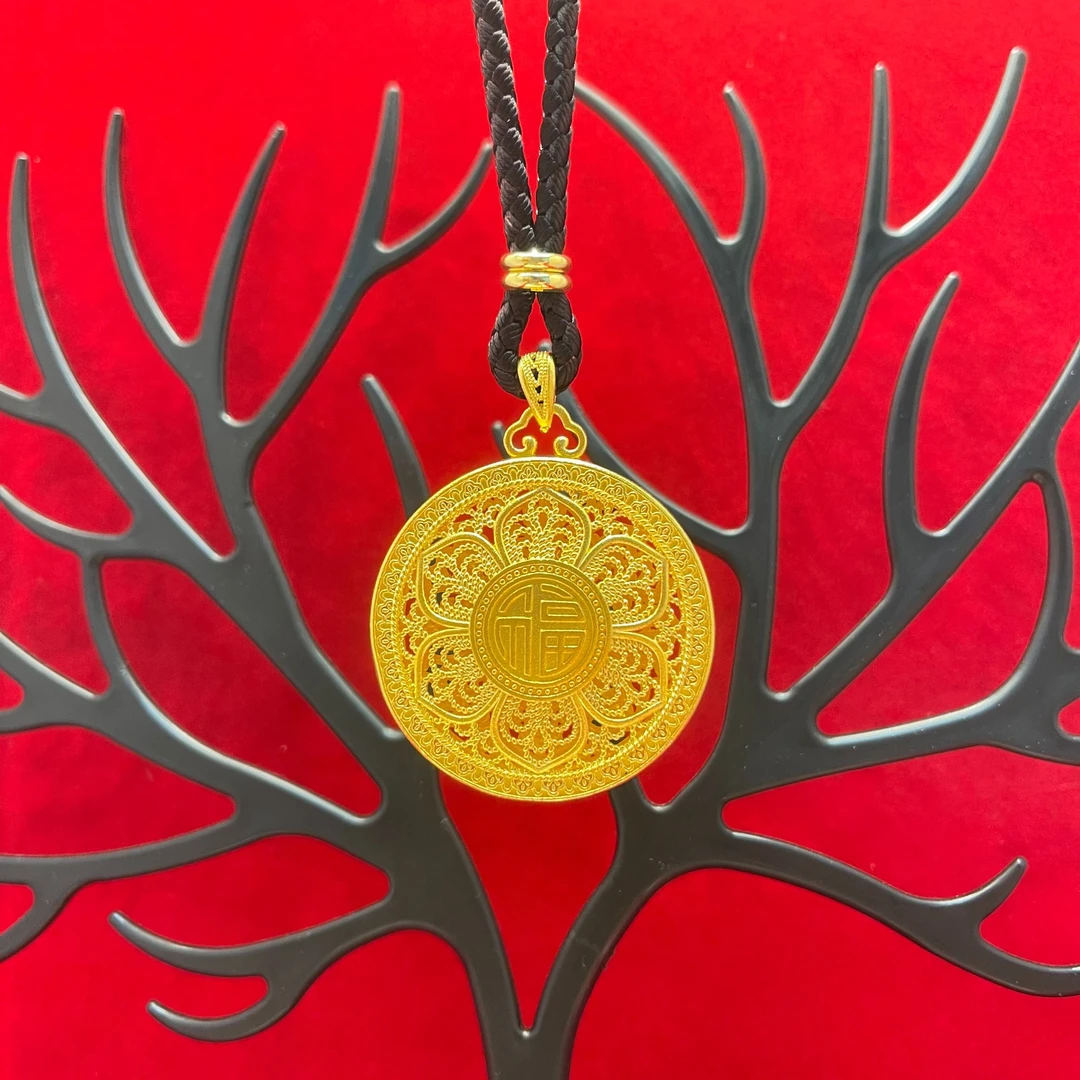 吊坠足银 吊坠项链轻奢爆款挂坠金色手工素款吊坠福字八宝罗盘