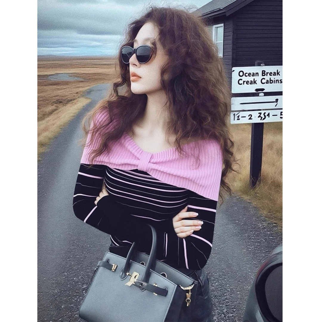 甜辣妹撞色条纹一字肩条纹针织衫女秋冬2025新款设计感洋气打底衫