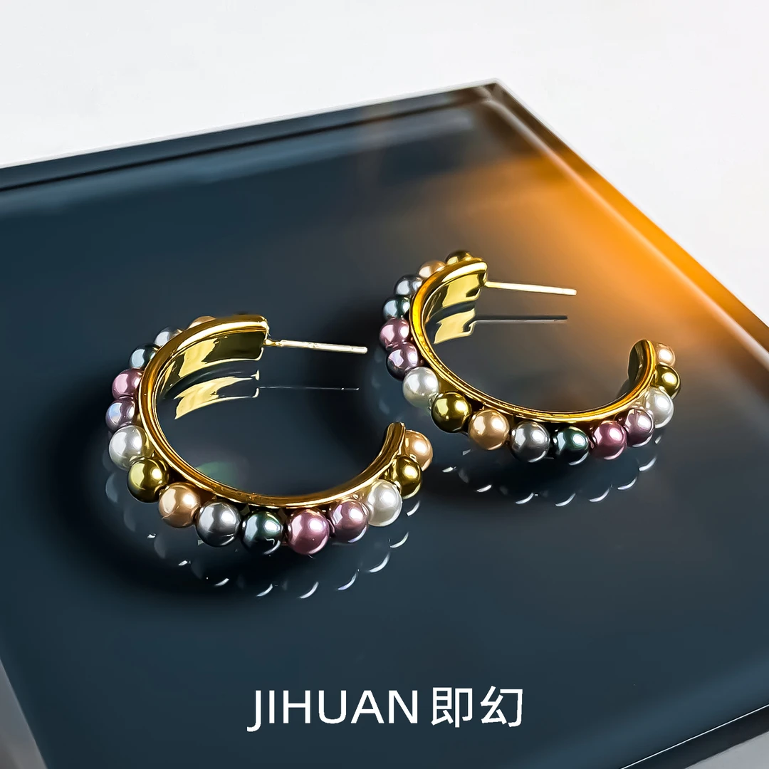 铜合金耳饰 ins时尚轻奢气质个性小众彩珠C圈耳环 9784