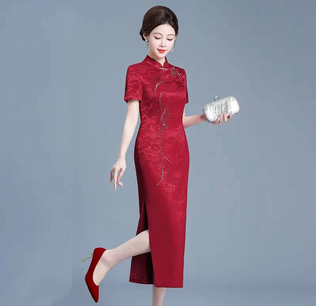 喜婆婆婚宴装醋酸镶钻年轻款高端连衣裙结婚礼服妈妈改良旗袍裙子