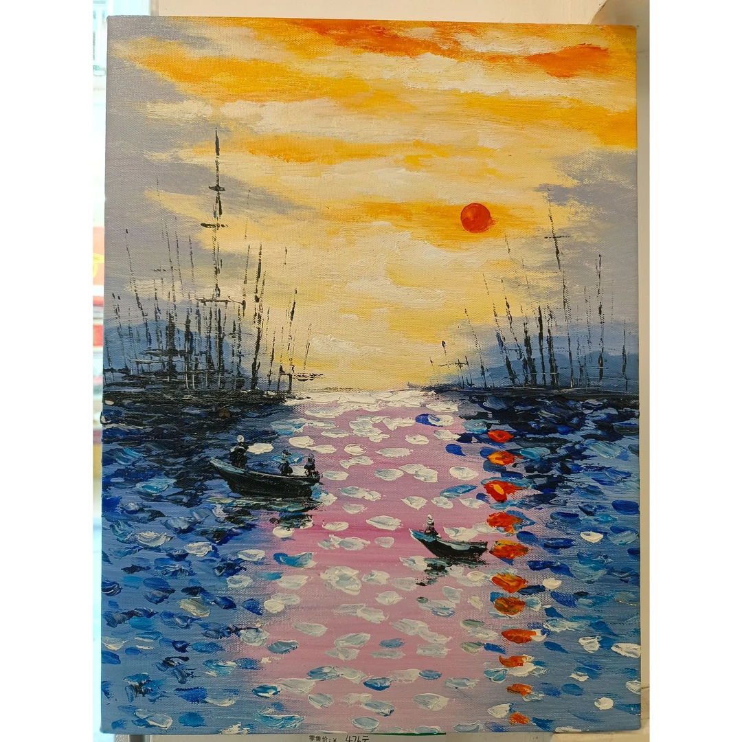 世界名画莫奈风格印象日出手绘油画大海风景玄关沙发背景墙软装画