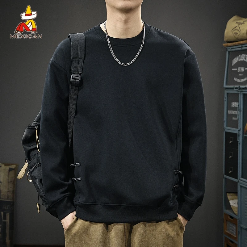 Mexican/稻草人秋季重磅圆领长袖卫衣男款宽松休闲新中式盘扣上衣