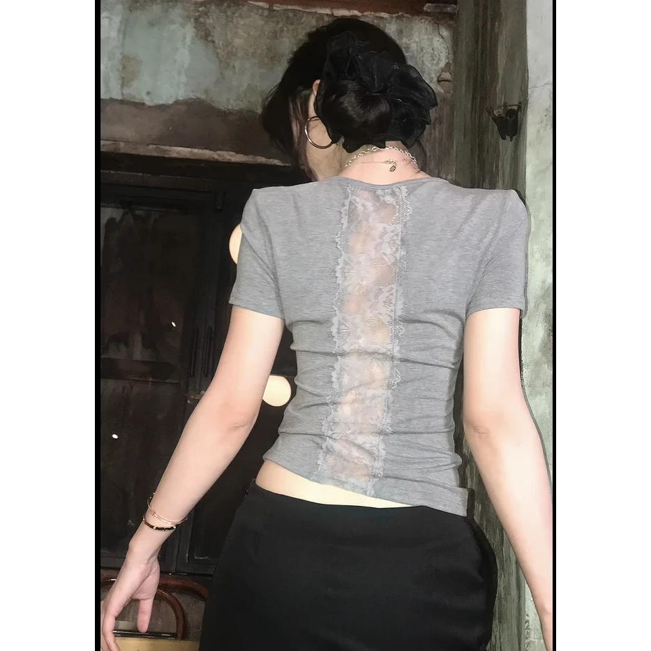 艺等YIDENG 纯欲后背蕾丝拼接圆领短袖t恤女内搭修身显瘦辣妹上衣