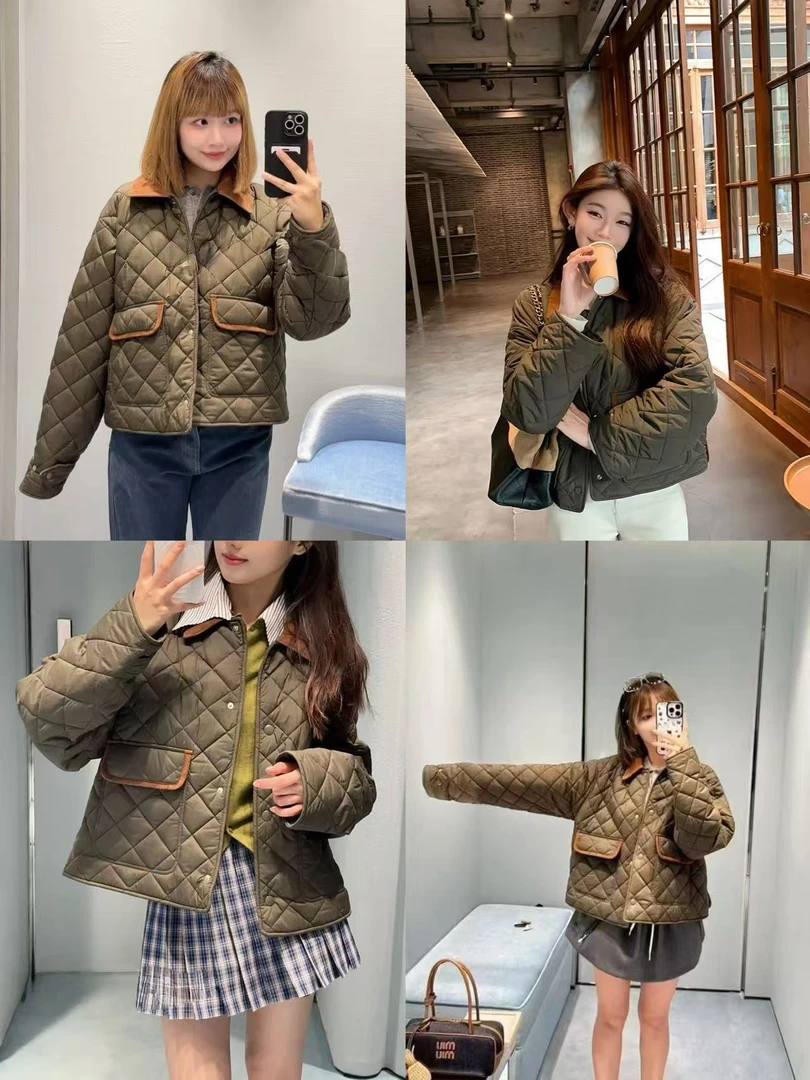 复古叙事 菱格绗缝反绒皮革翻领刺绣宽松轻柔保暖棉服短外套2533