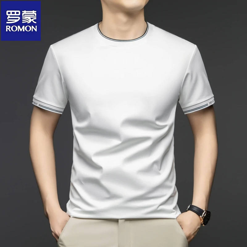 罗蒙纯色冰丝短袖T恤男士夏季简约含桑蚕丝薄款时尚潮流圆领男装