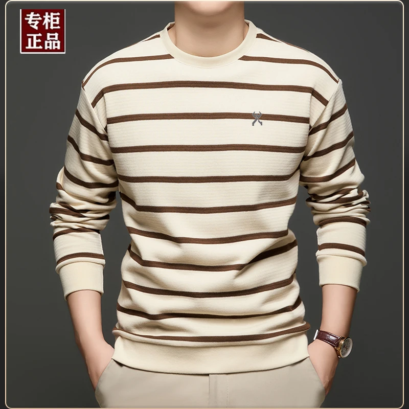 劲霸世家秋季男士休闲圆领百搭条纹棉长袖T恤中青年时尚刺绣卫衣