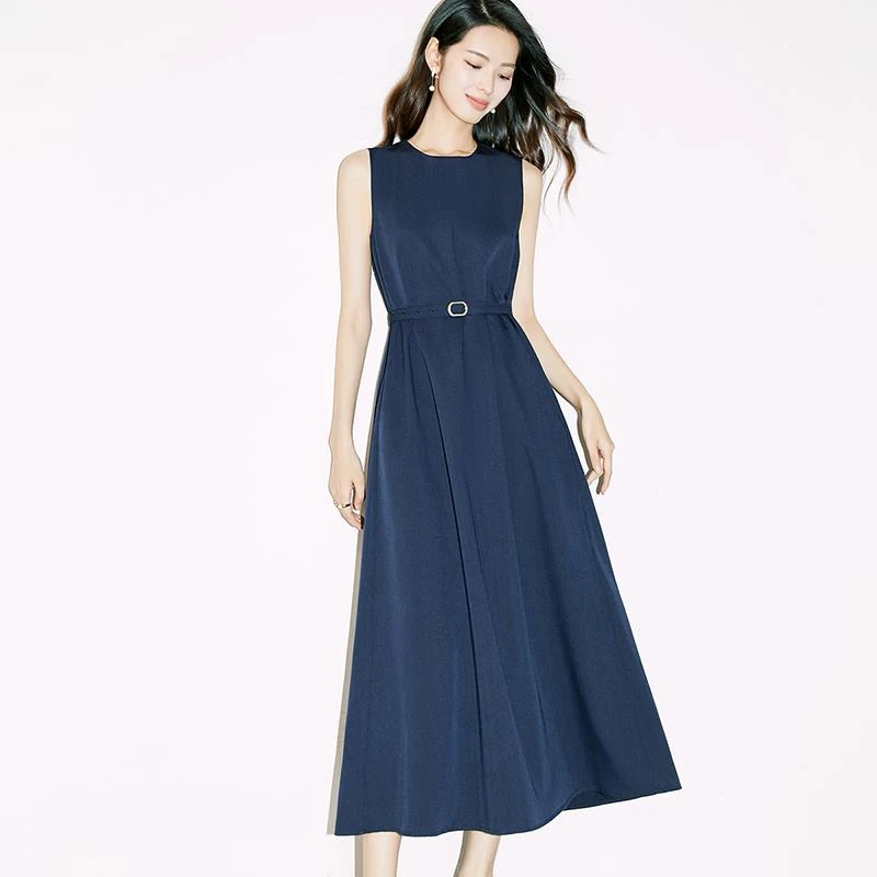 DUCURNO时尚简约蓝色连衣裙女夏季2025新款休闲气质高腰显瘦无袖
