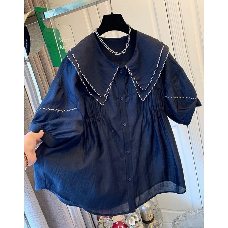 P0220时尚独特超好看法式气质娃娃领短袖衬衫宽松薄款上衣女夏季